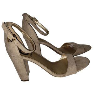 G By Guess Tan Open Toe Heels 4" Ankle Strap Women's Sandals 8M, Gently Used